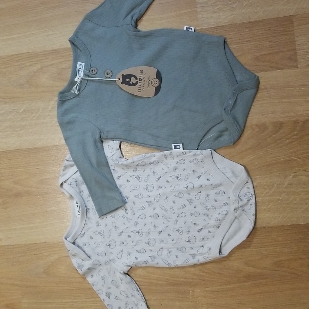 2 Rabbit + Bear ribbed onesies with snaps  6-9 months NWT